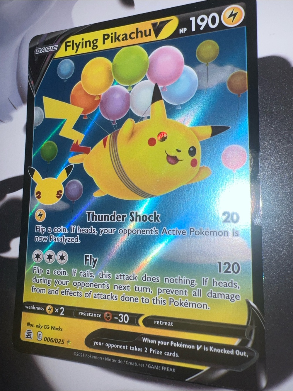 Pokemon Flying Pikachu V Holographic Yellow Pink Green Blue Balloon Artwork